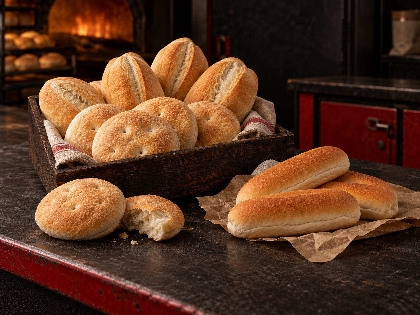 Hallullas, marraquetas y pan de completo recién horneados